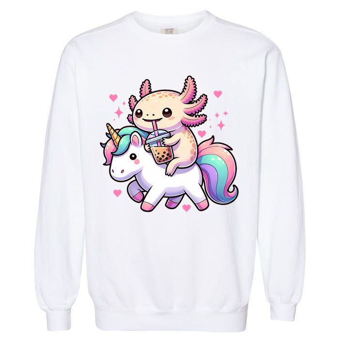 Cute Anime Kawaii Axolotl Riding A Unicorn And Drinking Boba  Garment-Dyed Sweatshirt