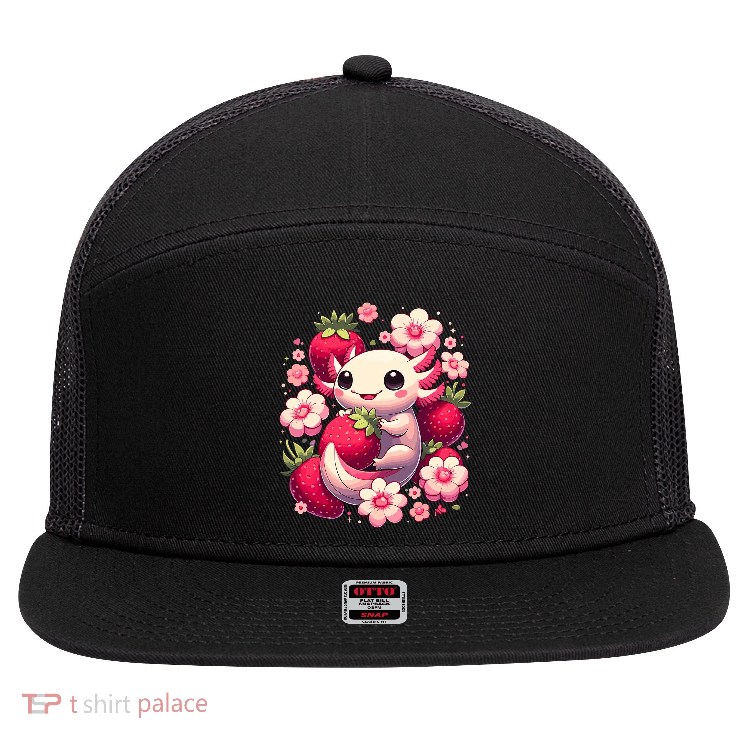 Cute Axolotl Kawaii Anime Axolotl Strawberry 7 Panel Mesh Trucker Snapback Hat