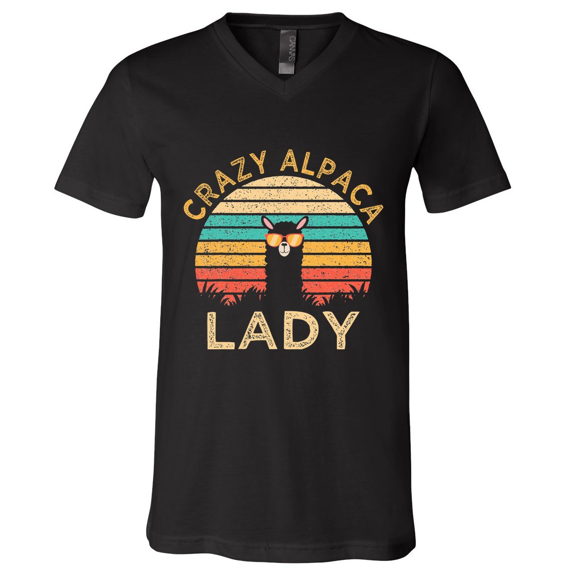 Crazy Alpaca Lady Funny Alpaca Wearing Sunglasses Farmer V-Neck T-Shirt
