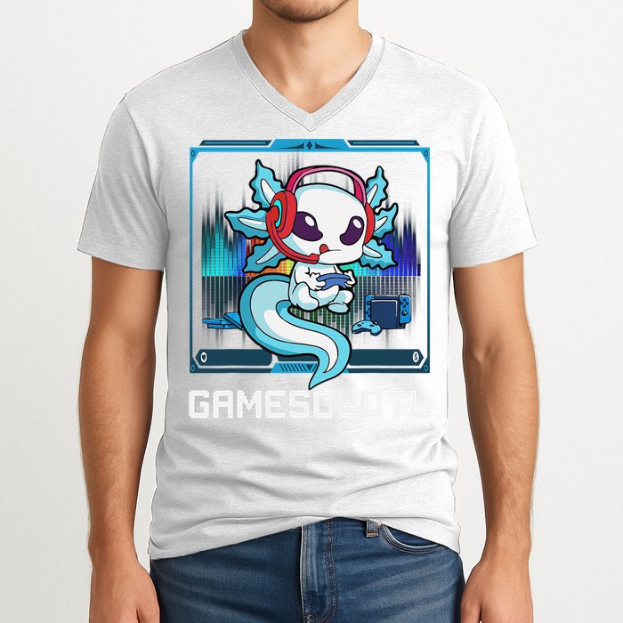 Cute Axolotl Lover Gamesalotl Gaming Axolotl V-Neck T-Shirt