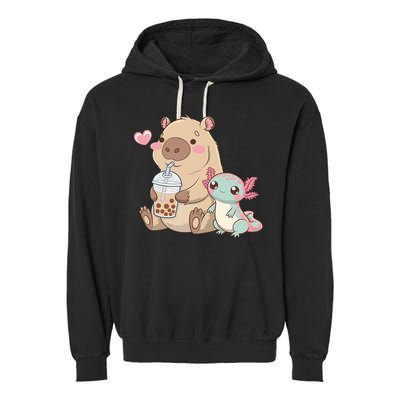 Cute Axolotl Lover Capybara Kawaii Anime Drinking Bubble Tea Garment-Dyed Fleece Hoodie