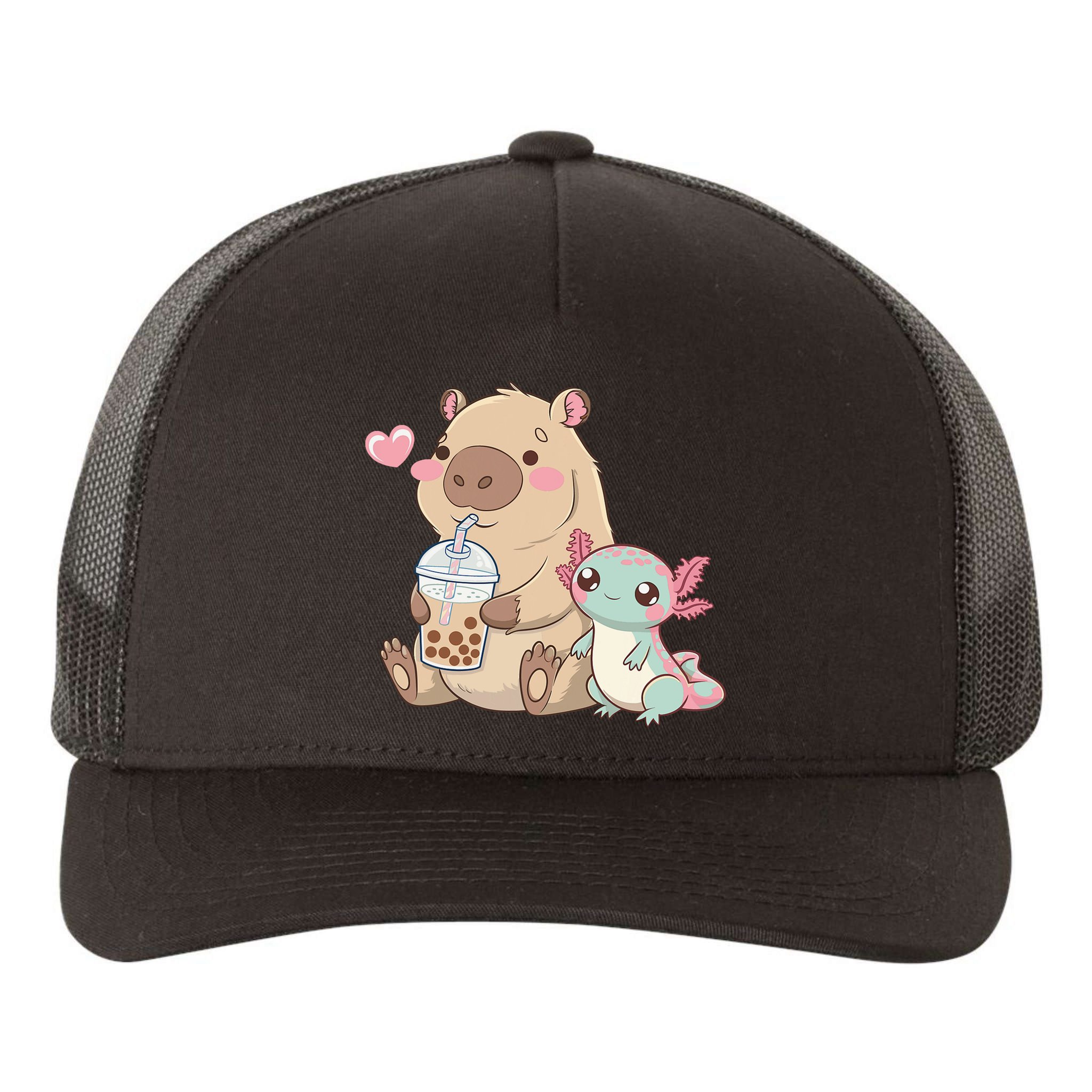 Cute Axolotl Lover Capybara Kawaii Anime Drinking Bubble Tea Yupoong Adult 5-Panel Trucker Hat