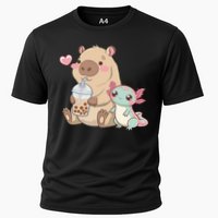 Cute Axolotl Lover Capybara Kawaii Anime Drinking Bubble Tea Cooling Performance Crew T-Shirt