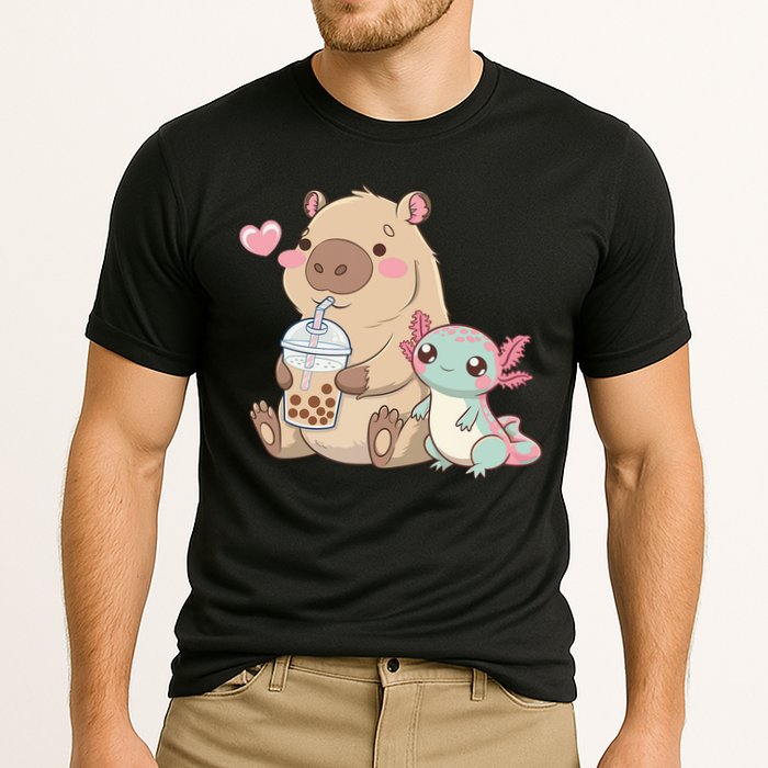Cute Axolotl Lover Capybara Kawaii Anime Drinking Bubble Tea Cooling Performance Crew T-Shirt