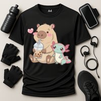 Cute Axolotl Lover Capybara Kawaii Anime Drinking Bubble Tea Cooling Performance Crew T-Shirt