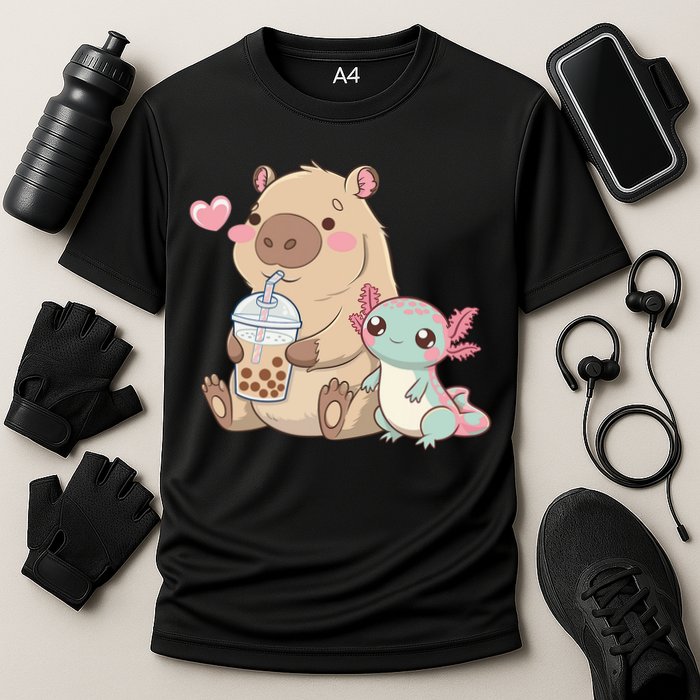 Cute Axolotl Lover Capybara Kawaii Anime Drinking Bubble Tea Cooling Performance Crew T-Shirt