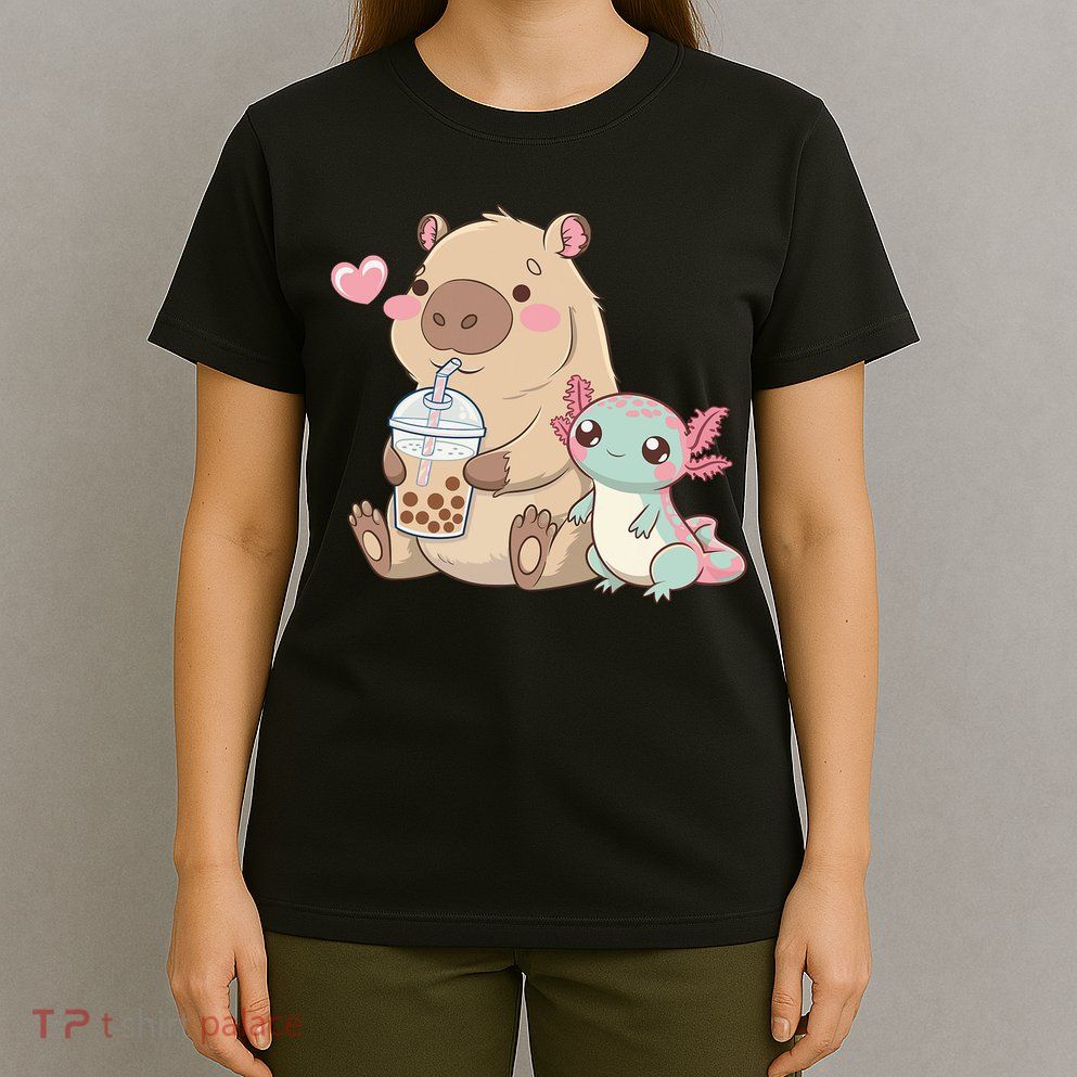Cute Axolotl Lover Capybara Kawaii Anime Drinking Bubble Tea T-Shirt
