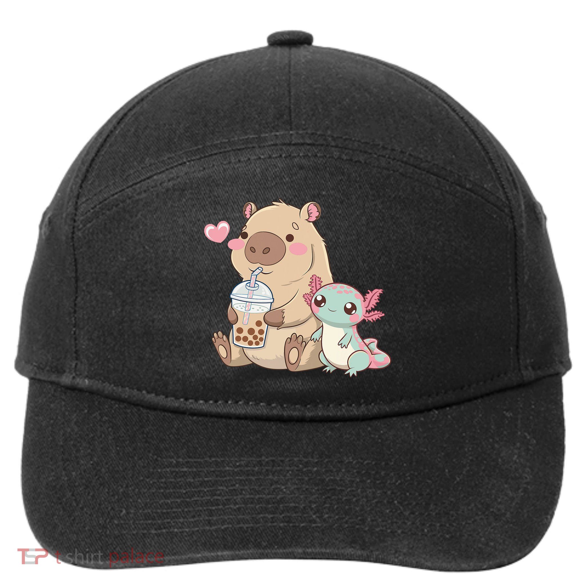 Cute Axolotl Lover Capybara Kawaii Anime Drinking Bubble Tea 7-Panel Snapback Hat