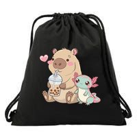 Cute Axolotl Lover Capybara Kawaii Anime Drinking Bubble Tea Drawstring Bag