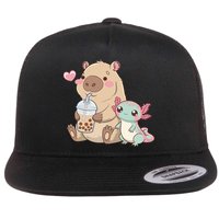 Cute Axolotl Lover Capybara Kawaii Anime Drinking Bubble Tea Flat Bill Trucker Hat