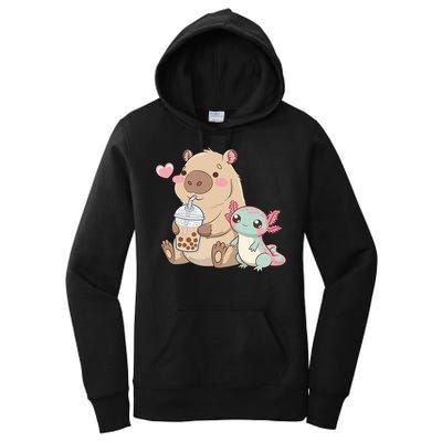 Cute Axolotl Lover Capybara Kawaii Anime Drinking Bubble Tea Women's Pullover Hoodie