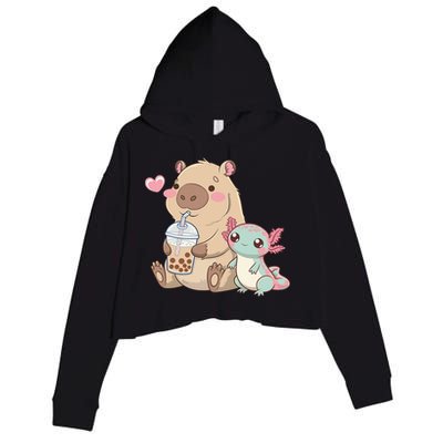 Cute Axolotl Lover Capybara Kawaii Anime Drinking Bubble Tea Crop Fleece Hoodie
