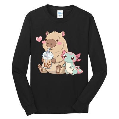 Cute Axolotl Lover Capybara Kawaii Anime Drinking Bubble Tea Tall Long Sleeve T-Shirt