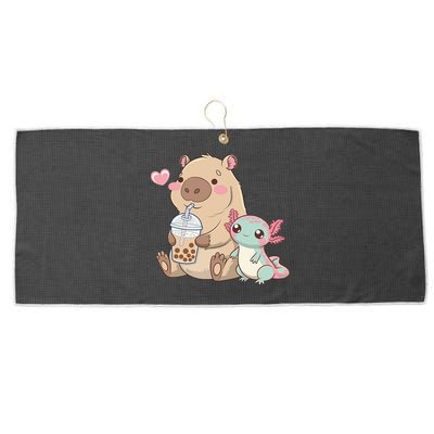 Cute Axolotl Lover Capybara Kawaii Anime Drinking Bubble Tea Large Microfiber Waffle Golf Towel