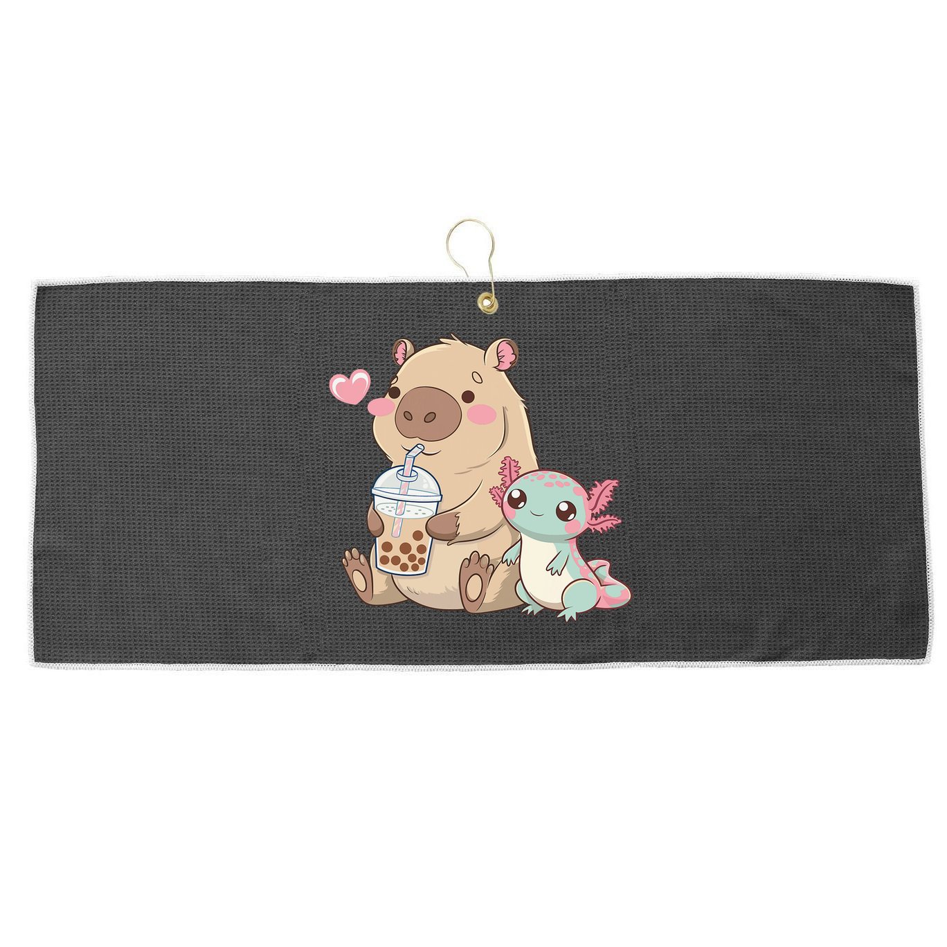 Cute Axolotl Lover Capybara Kawaii Anime Drinking Bubble Tea Large Microfiber Waffle Golf Towel