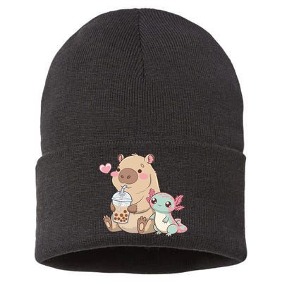 Cute Axolotl Lover Capybara Kawaii Anime Drinking Bubble Tea Sustainable Knit Beanie