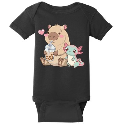 Cute Axolotl Lover Capybara Kawaii Anime Drinking Bubble Tea Baby Bodysuit