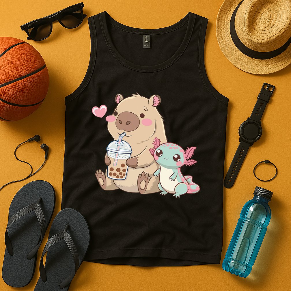 Cute Axolotl Lover Capybara Kawaii Anime Drinking Bubble Tea Tank Top