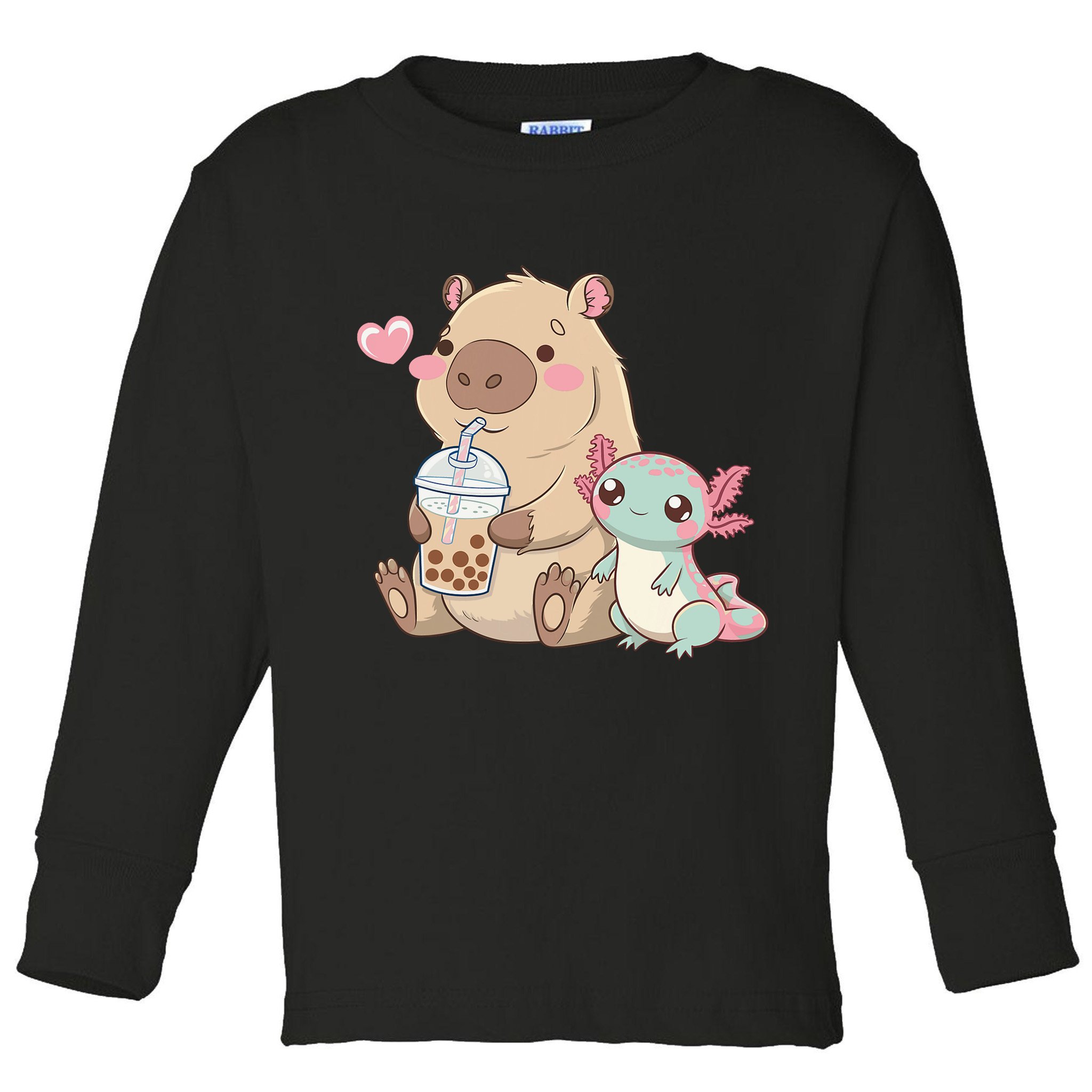 Cute Axolotl Lover Capybara Kawaii Anime Drinking Bubble Tea Toddler Long Sleeve Shirt