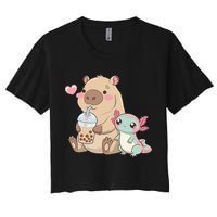 Cute Axolotl Lover Capybara Kawaii Anime Drinking Bubble Tea Women's Crop Top Tee