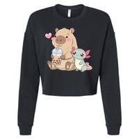 Cute Axolotl Lover Capybara Kawaii Anime Drinking Bubble Tea Cropped Pullover Crew