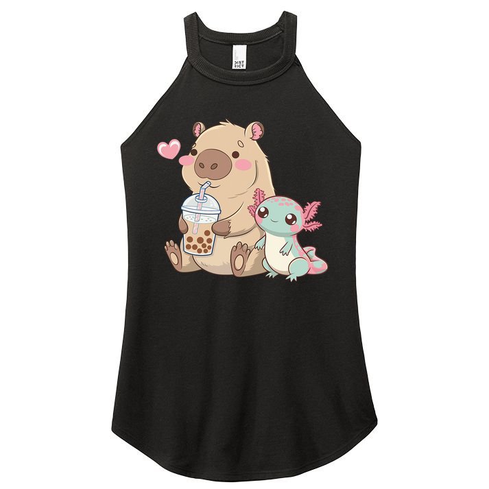 Cute Axolotl Lover Capybara Kawaii Anime Drinking Bubble Tea Women's Perfect Tri Rocker Tank