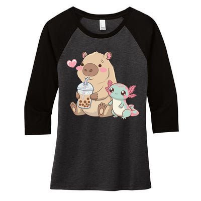 Cute Axolotl Lover Capybara Kawaii Anime Drinking Bubble Tea Women's Tri-Blend 3/4-Sleeve Raglan Shirt