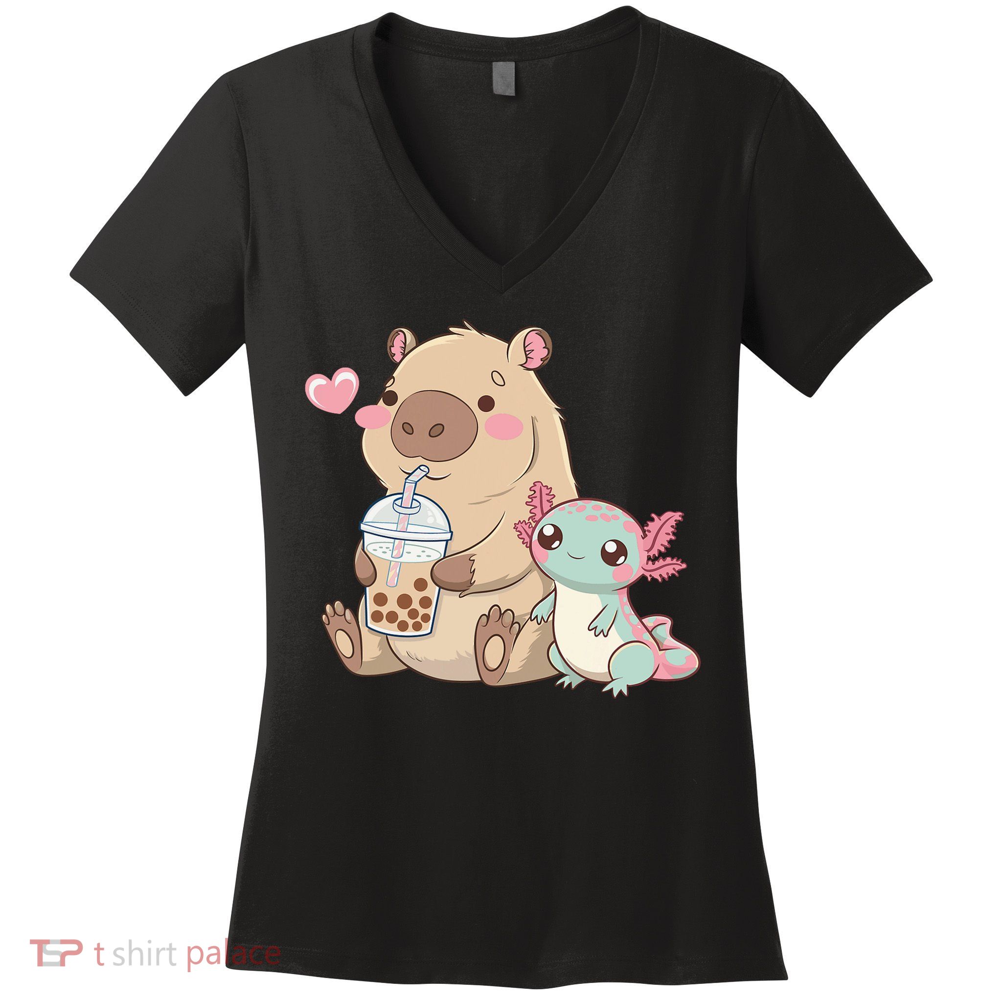 Cute Axolotl Lover Capybara Kawaii Anime Drinking Bubble Tea Women's V-Neck T-Shirt