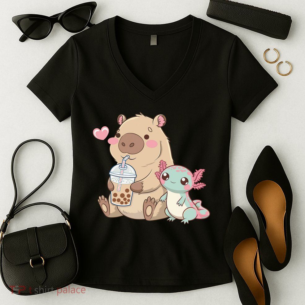 Cute Axolotl Lover Capybara Kawaii Anime Drinking Bubble Tea Women's V-Neck T-Shirt