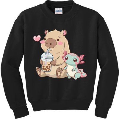Cute Axolotl Lover Capybara Kawaii Anime Drinking Bubble Tea Kids Sweatshirt