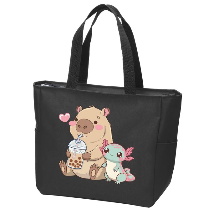 Cute Axolotl Lover Capybara Kawaii Anime Drinking Bubble Tea Zip Tote Bag