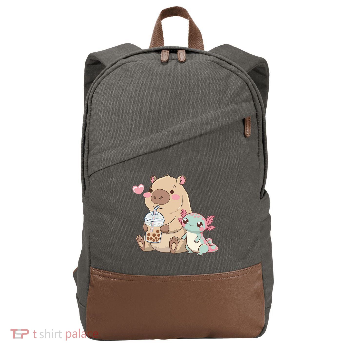 Cute Axolotl Lover Capybara Kawaii Anime Drinking Bubble Tea Cotton Canvas Backpack