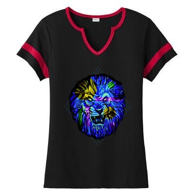 Colorful Angry Lion Ladies Halftime Notch Neck Tee