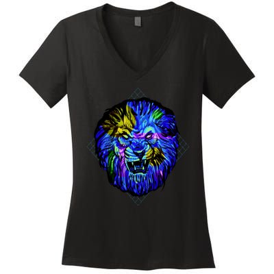 Colorful Angry Lion Women's V-Neck T-Shirt