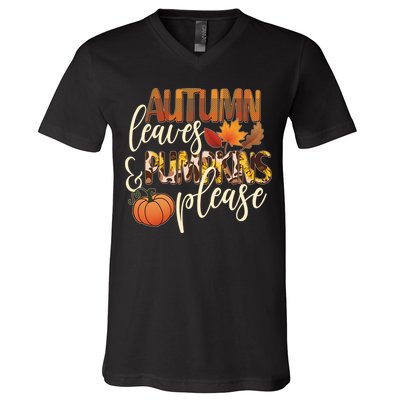 Cute Autumn Leaves And Pumpkins Please V-Neck T-Shirt