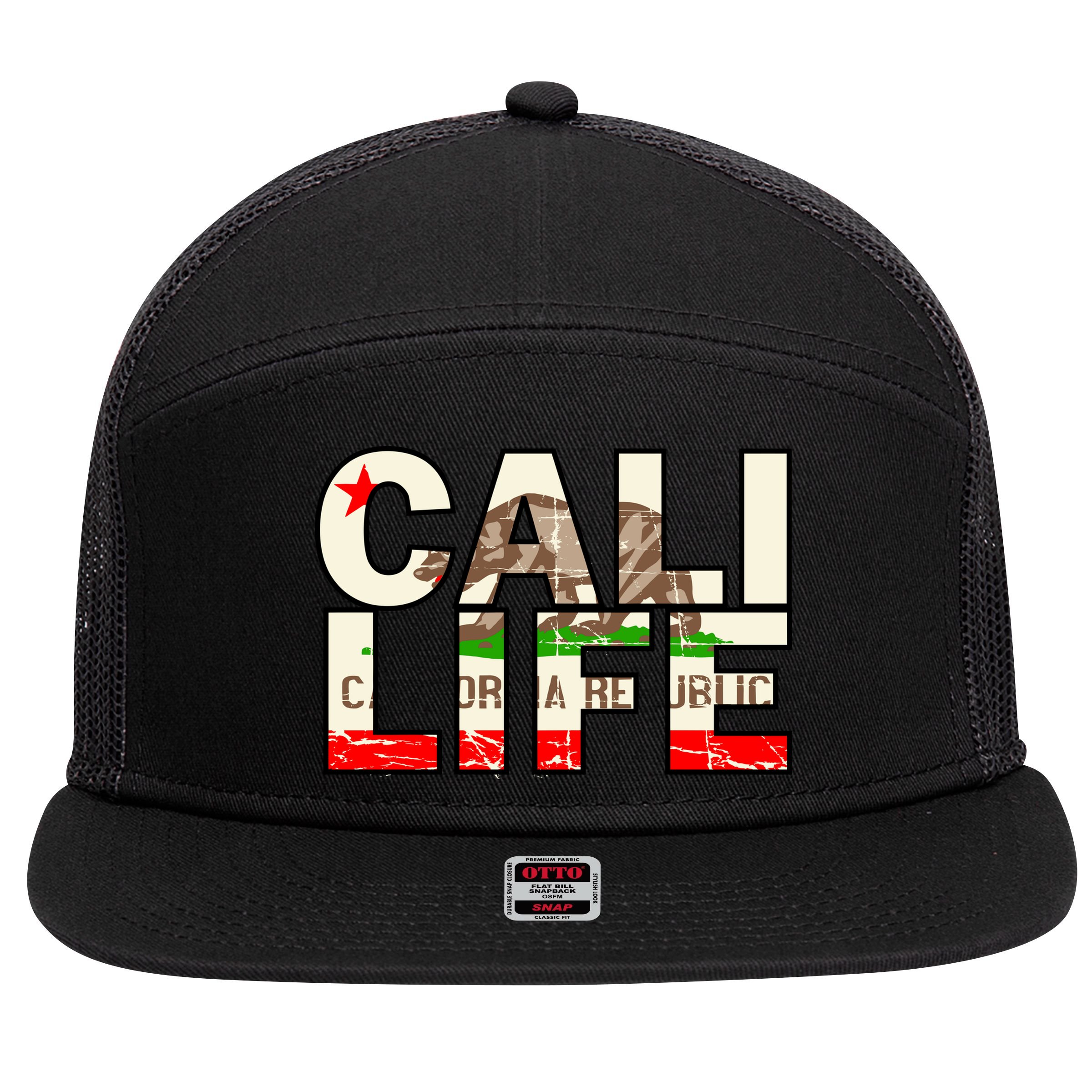 Cali Life Logo Flag 7 Panel Mesh Trucker Snapback Hat