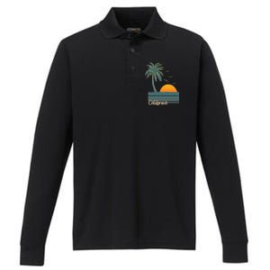 California Palm Tree Sunset Beach Performance Long Sleeve Polo