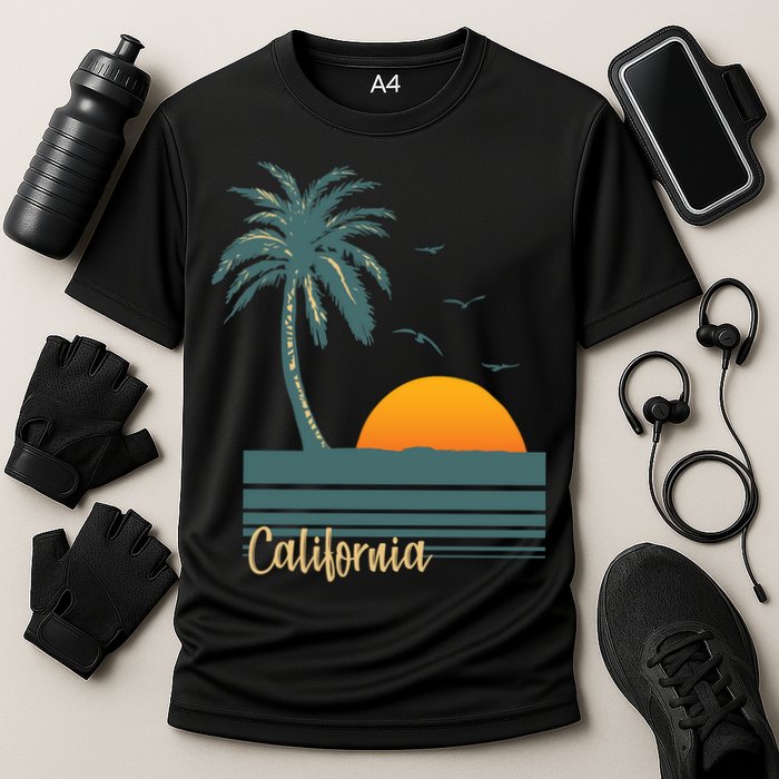 California Palm Tree Sunset Beach Cooling Performance Crew T-Shirt