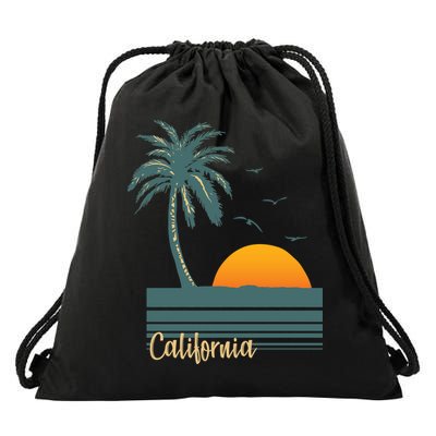 California Palm Tree Sunset Beach Drawstring Bag
