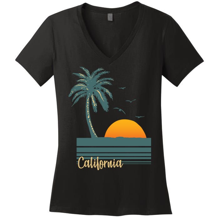 California Palm Tree Sunset Beach Women's V-Neck T-Shirt