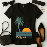 California Palm Tree Sunset Beach Women's V-Neck T-Shirt
