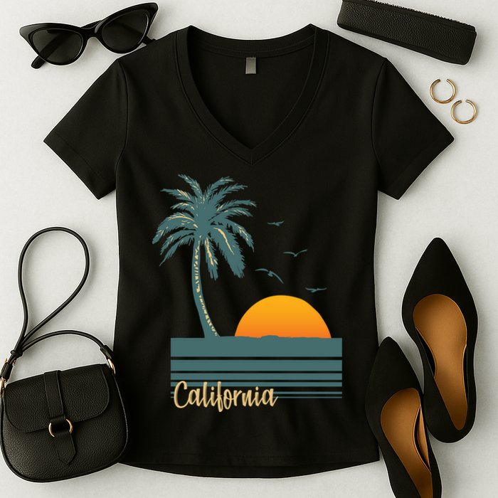 California Palm Tree Sunset Beach Women's V-Neck T-Shirt