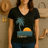 California Palm Tree Sunset Beach Women's V-Neck T-Shirt