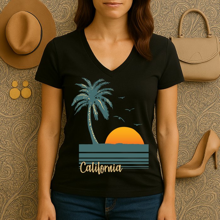 California Palm Tree Sunset Beach Women's V-Neck T-Shirt