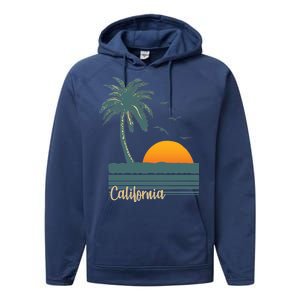 California Palm Tree Sunset Beach Performance Fleece Hoodie