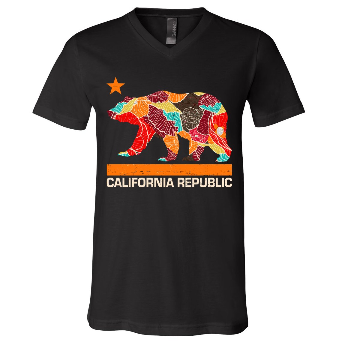 California Republic Logo Flower Floral Pattern Bear V-Neck T-Shirt