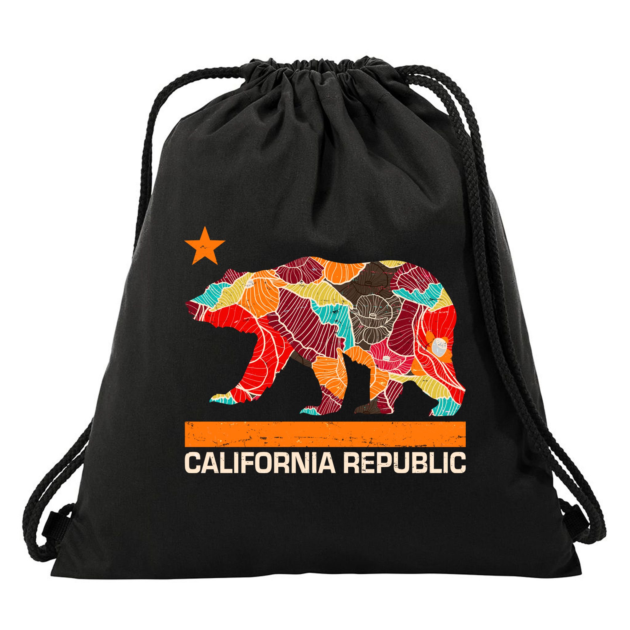 California Republic Logo Flower Floral Pattern Bear Drawstring Bag