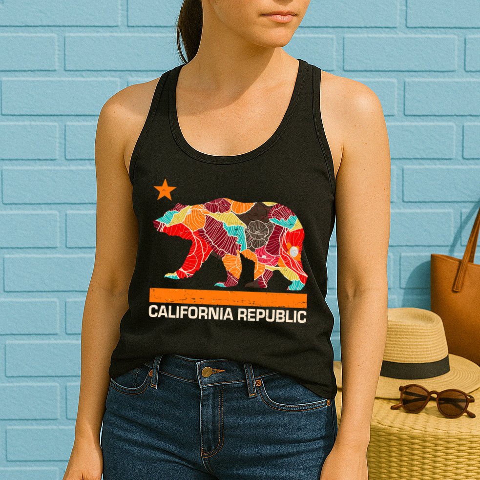 California Republic Logo Flower Floral Pattern Bear Womens Tank Top