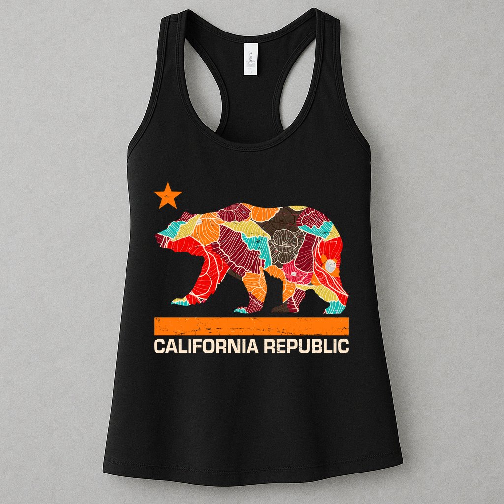 California Republic Logo Flower Floral Pattern Bear Womens Tank Top