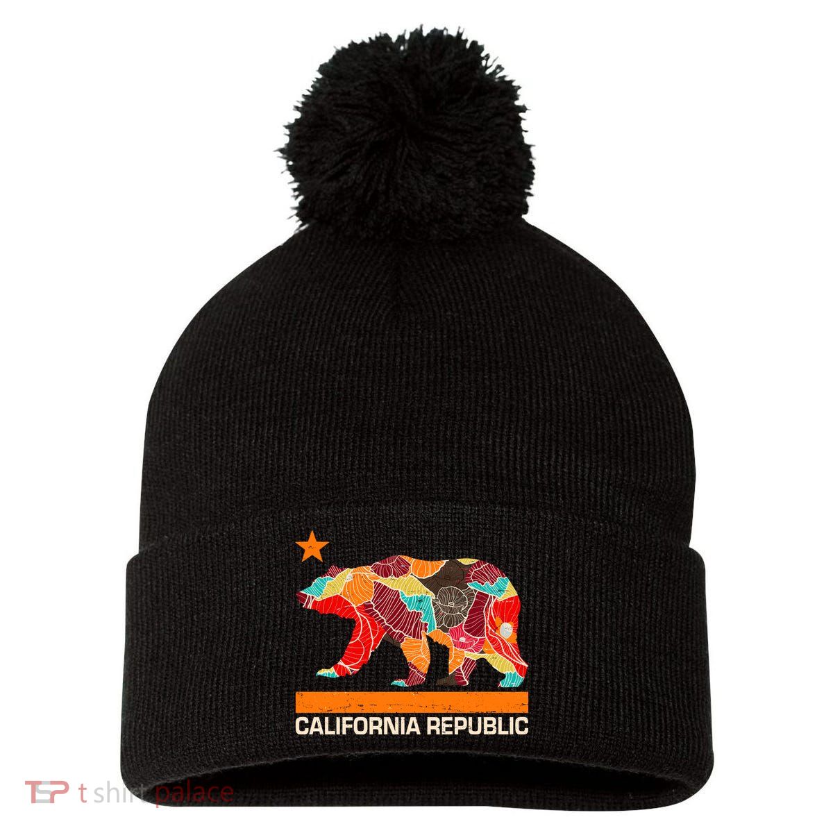California Republic Logo Flower Floral Pattern Bear Pom Pom 12in Knit Beanie